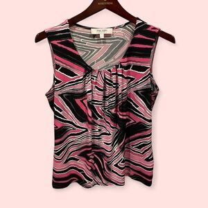 Cute Jones Studio pink black shazam flowy top sleeveless stretchy pleated neck